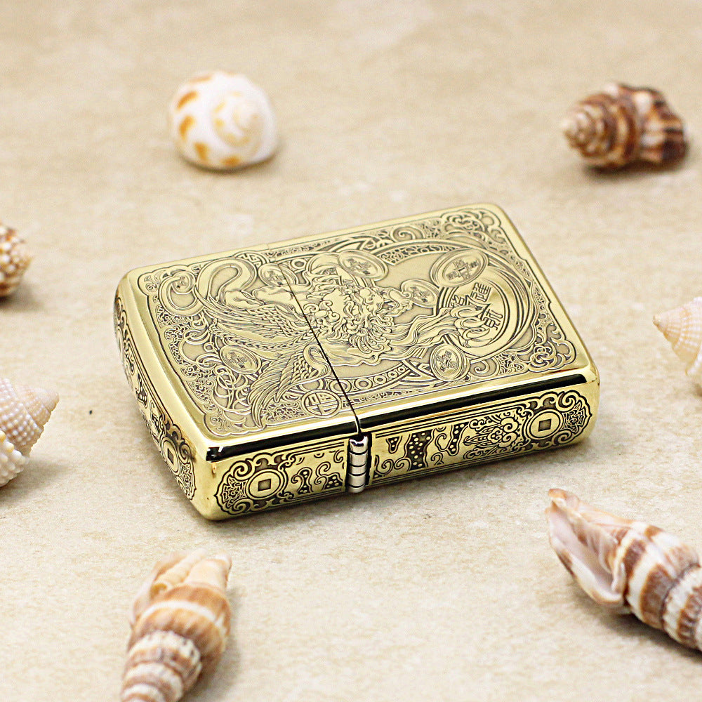 Zippo High Polish Brass Engraved Pixiu Lion and Ancient Coins - CC162