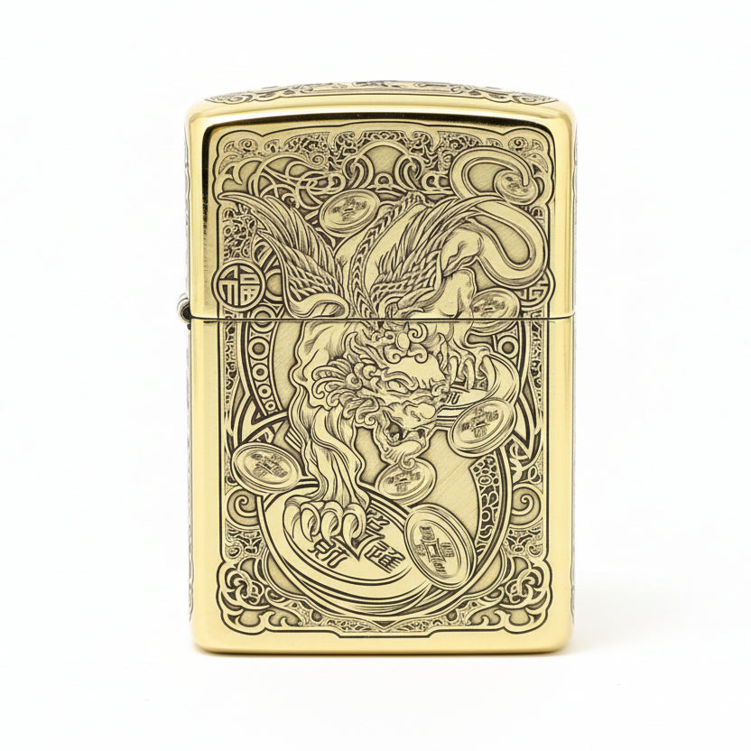 Zippo High Polish Brass Engraved Pixiu Lion and Ancient Coins - CC162