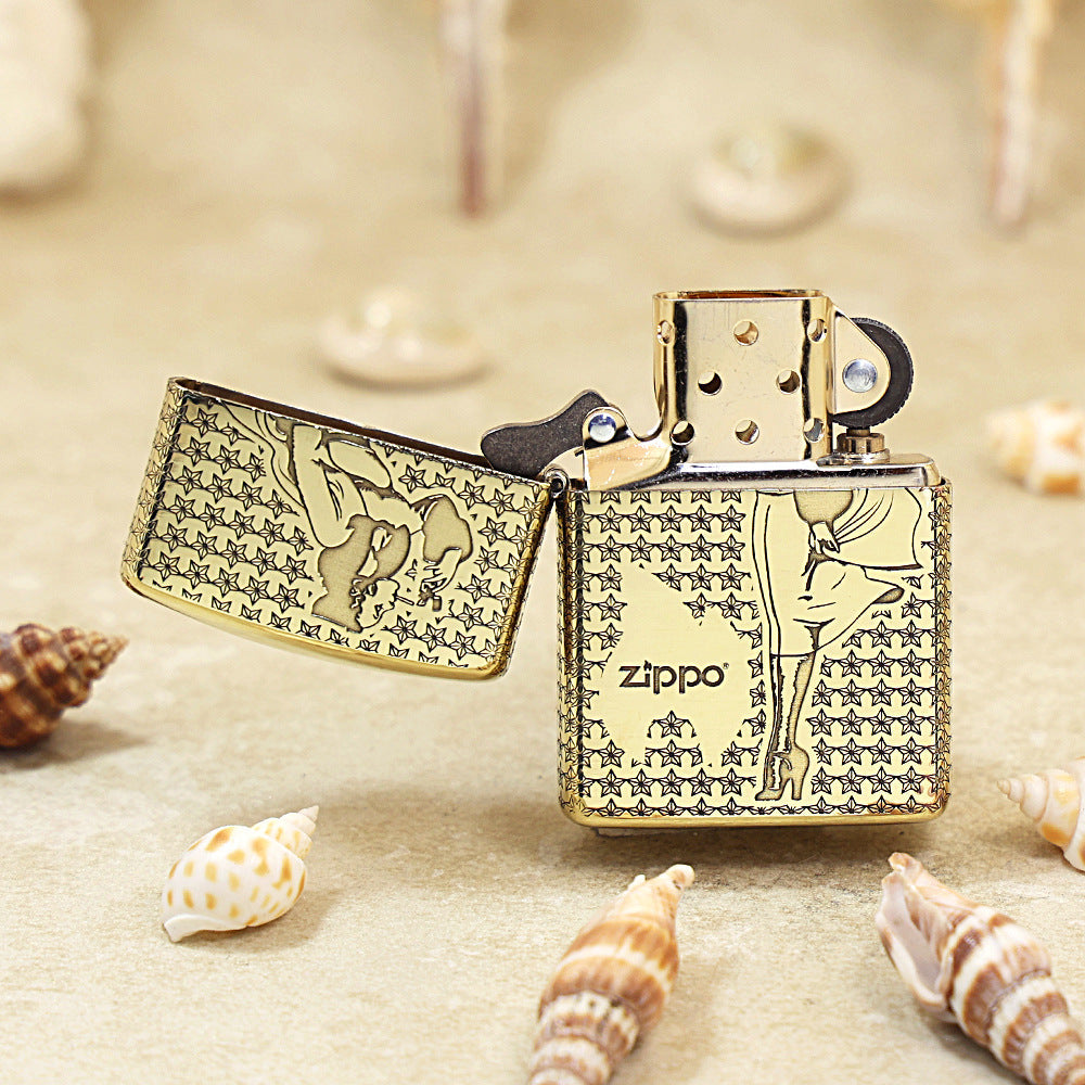 Zippo High Polish Brass Engraved Star Field Pin-Up Girl - CC134