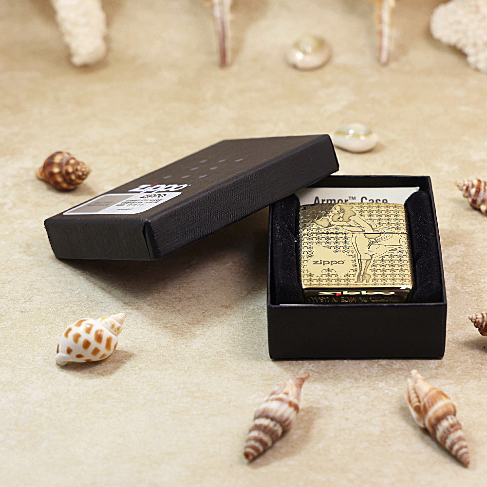 Zippo High Polish Brass Engraved Star Field Pin-Up Girl - CC134