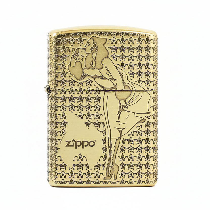 Zippo High Polish Brass Engraved Star Field Pin-Up Girl - CC134