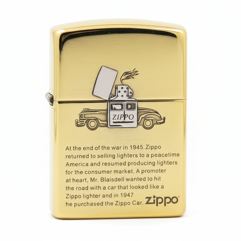 Zippo High Polish Brass Engraved Zippo Car and History - SC29