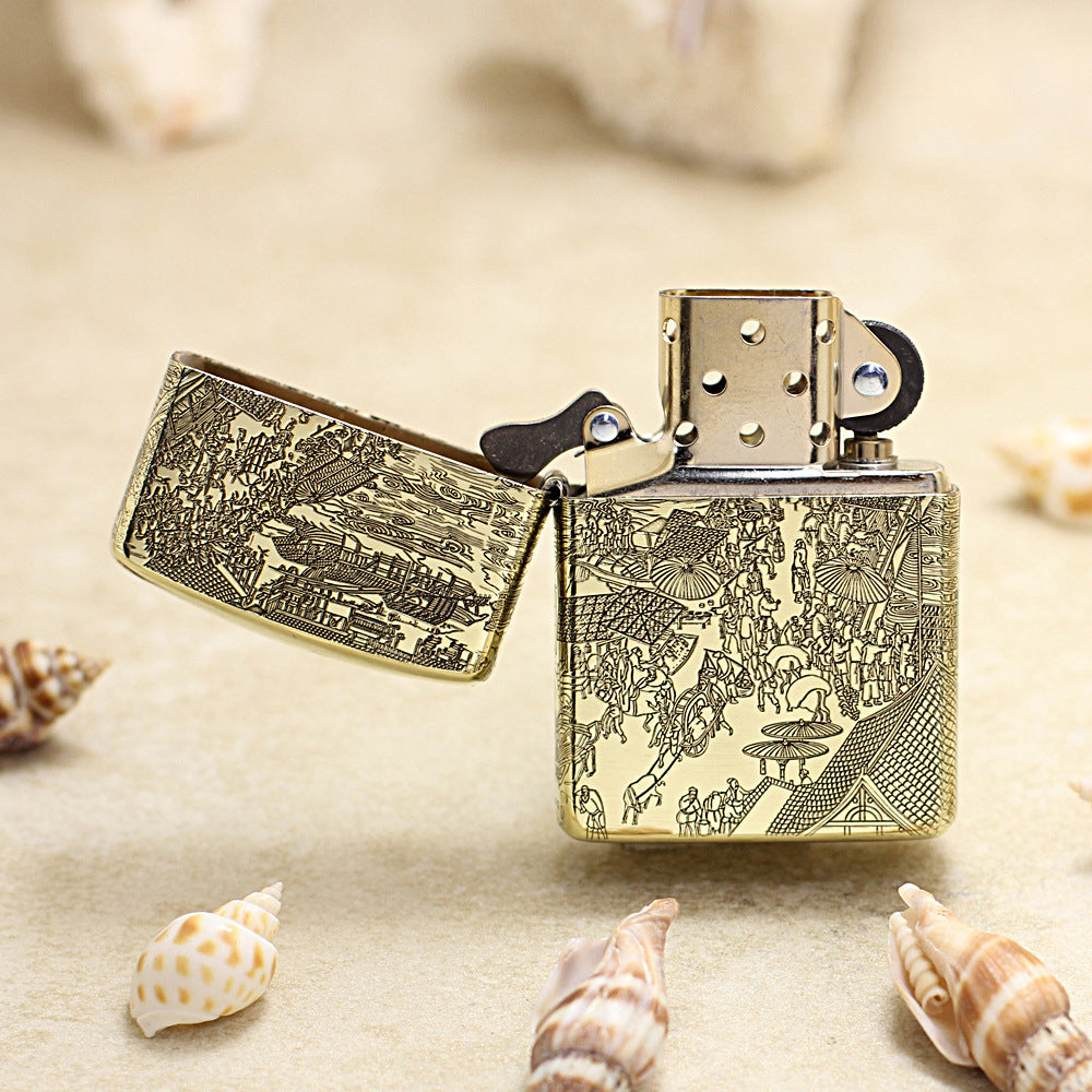 Zippo High Polish Brass Full Engraved Qingming Festival Scroll - CC119