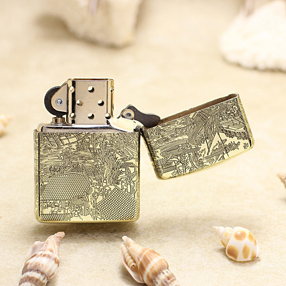 Zippo High Polish Brass Full Engraved Qingming Festival Scroll - CC119