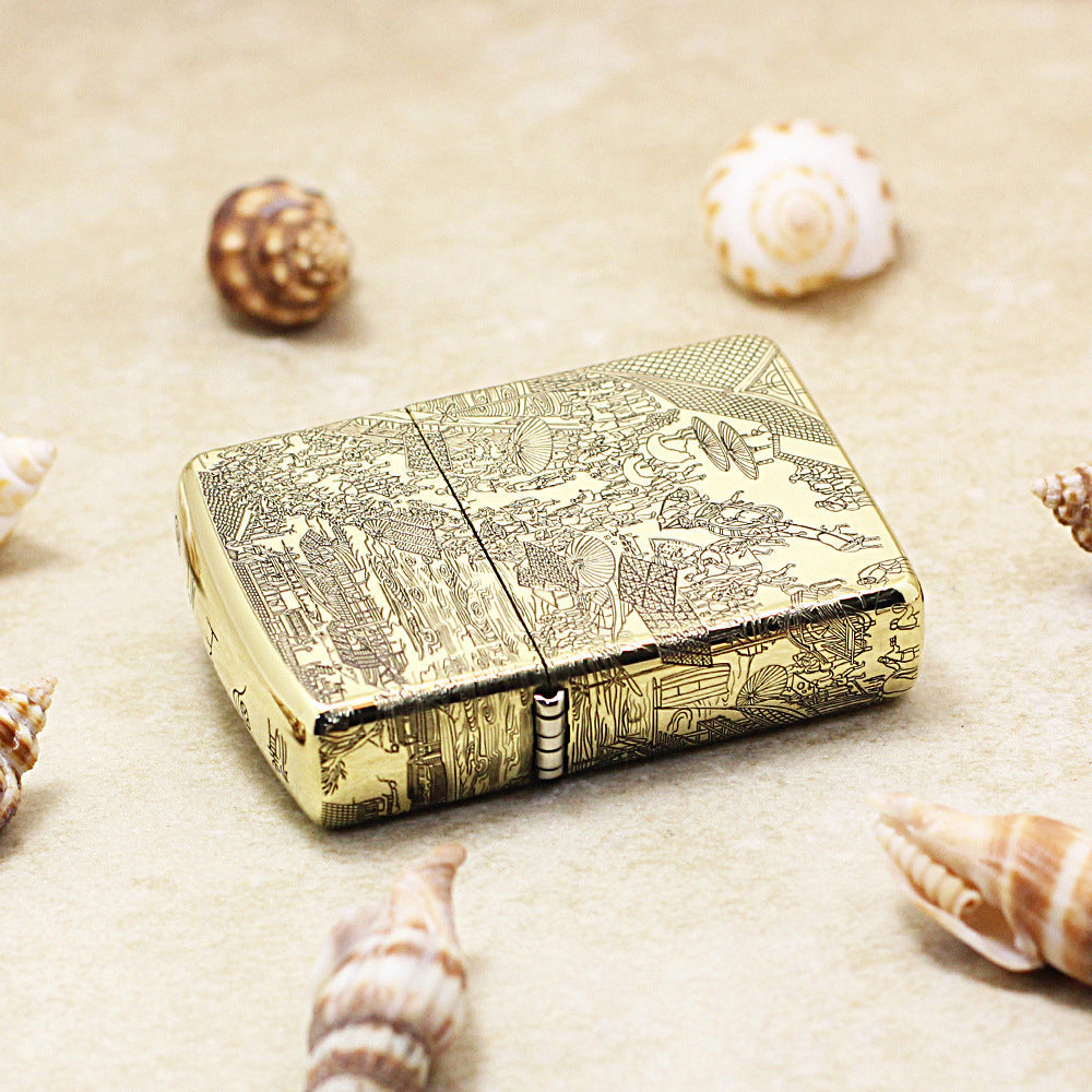 Zippo High Polish Brass Full Engraved Qingming Festival Scroll - CC119