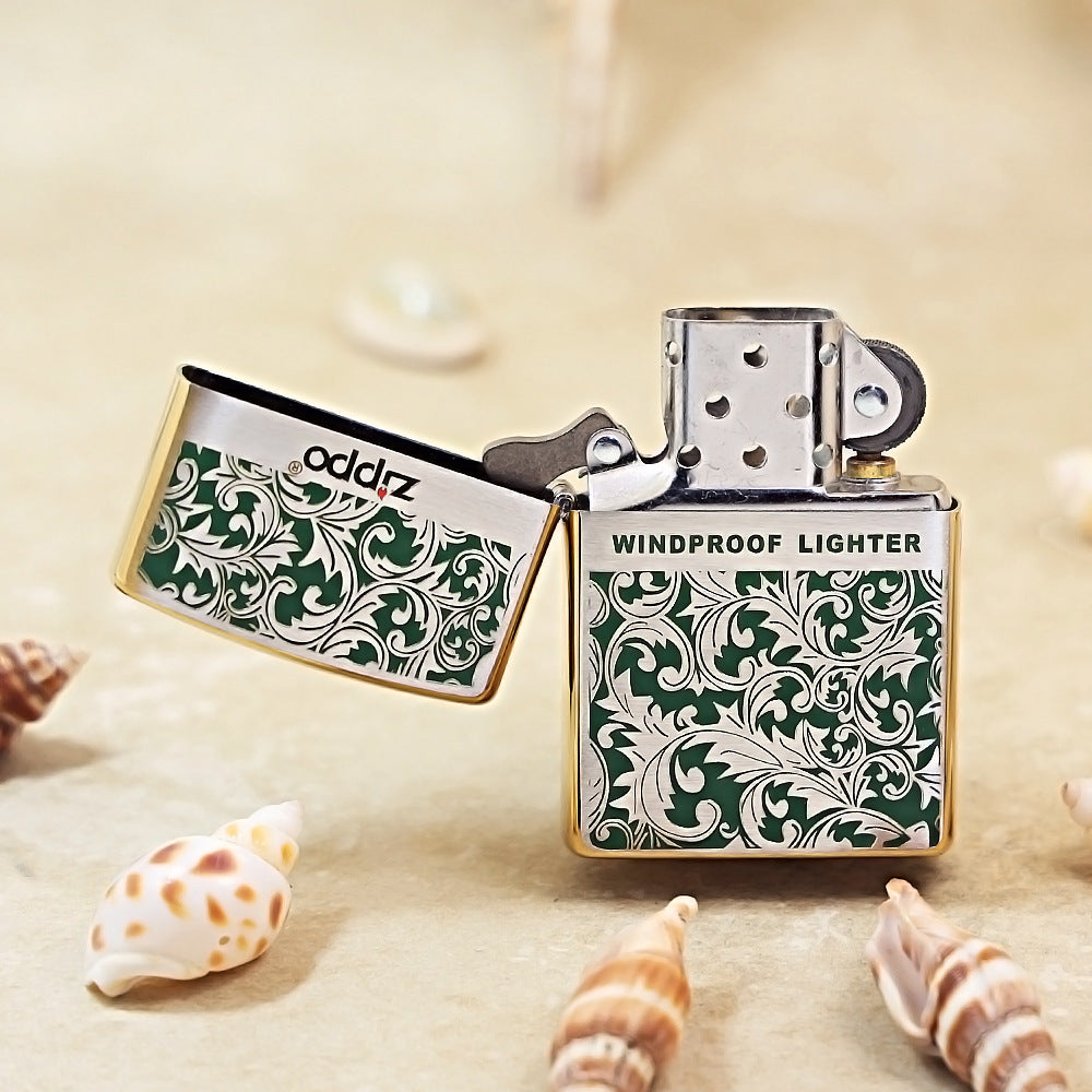Zippo High Polish Brass Green Color Filled Arabesque Scroll - CS14