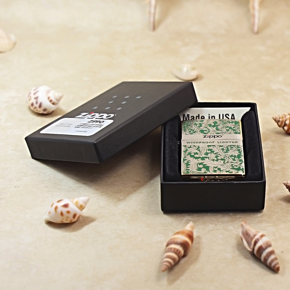 Zippo High Polish Brass Green Color Filled Arabesque Scroll - CS14