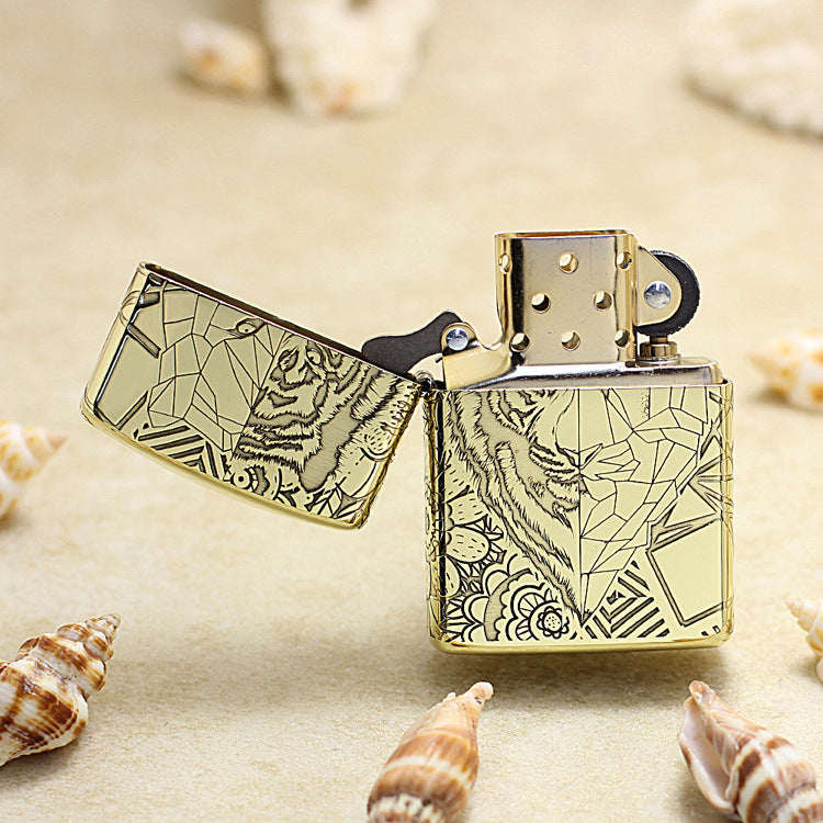 Zippo High Polish Brass Half Geometric Tiger Engraving - CC135