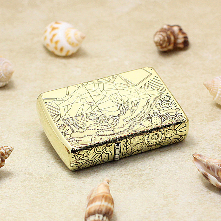 Zippo High Polish Brass Half Geometric Tiger Engraving - CC135