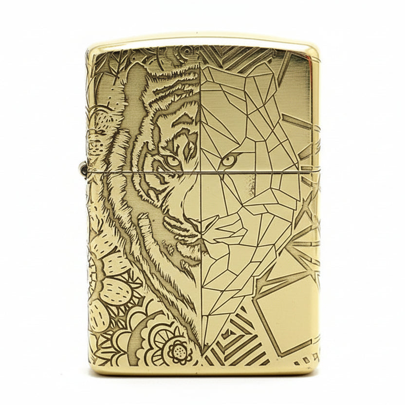 Zippo High Polish Brass Half Geometric Tiger Engraving - CC135