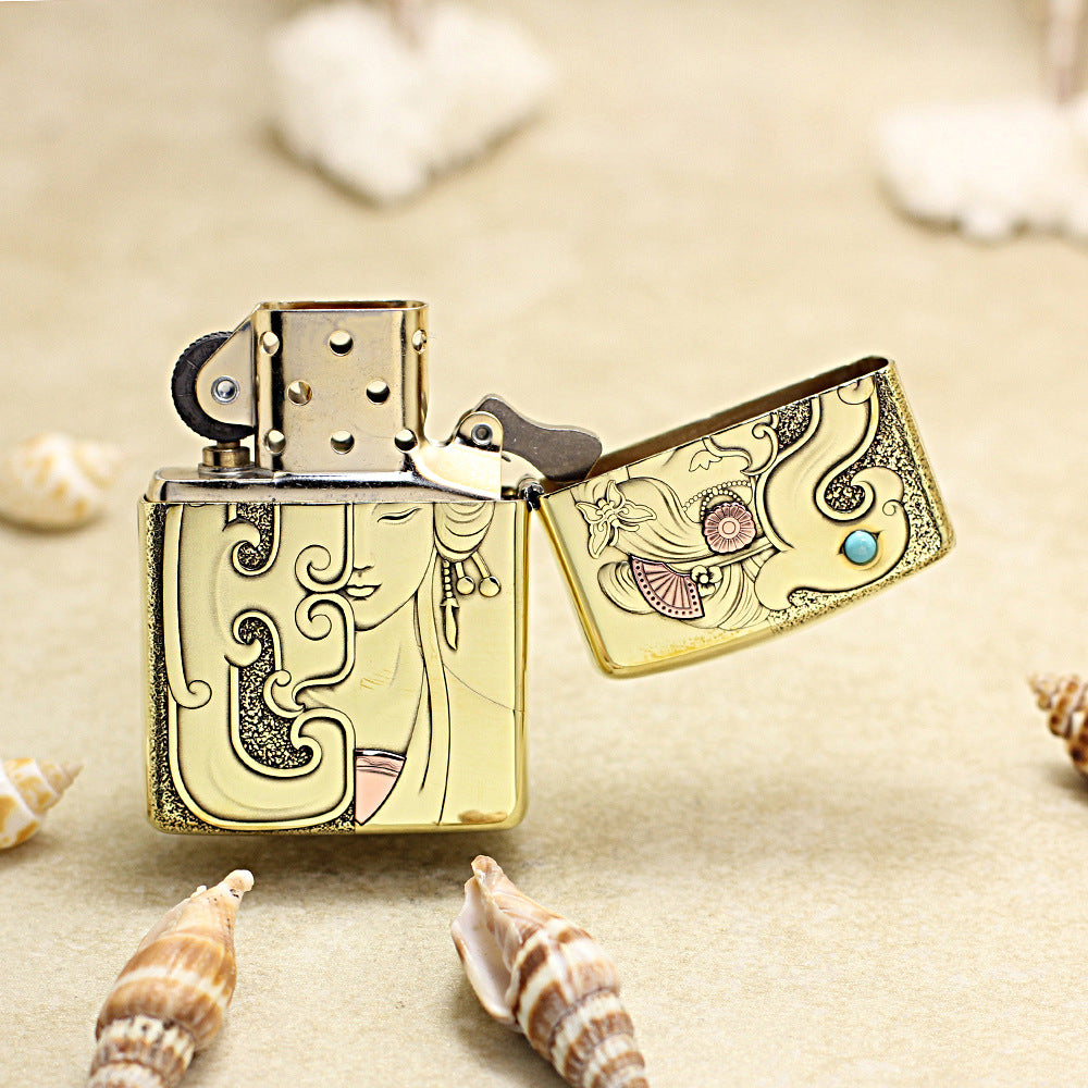 Zippo High Polish Brass Mulan Dragon Jade Carving Emblem - CC111