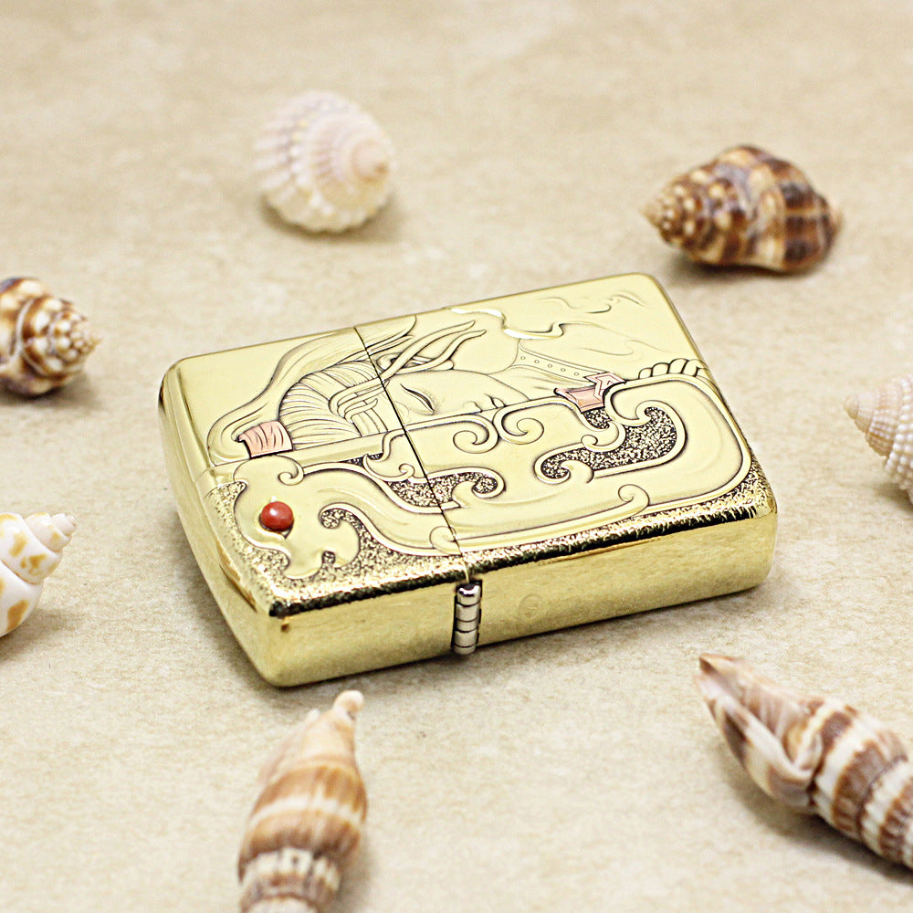 Zippo High Polish Brass Mulan Dragon Jade Carving Emblem - CC111