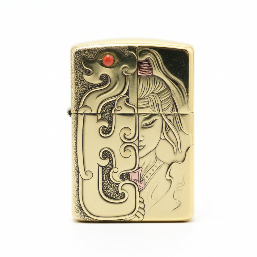 Zippo High Polish Brass Mulan Dragon Jade Carving Emblem - CC111