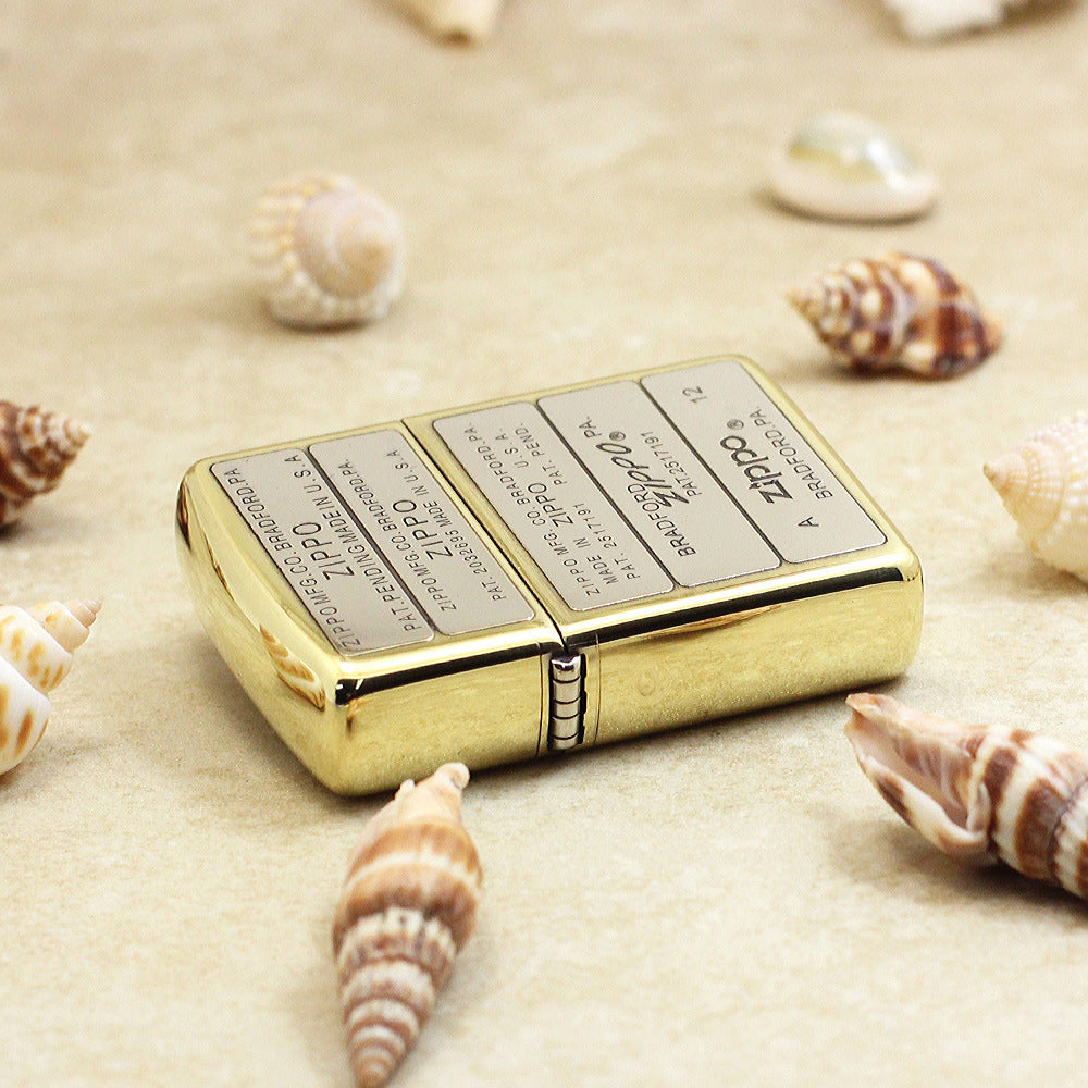 Zippo High Polish Brass Multi Panel Logo and Patent Stamps - SC01