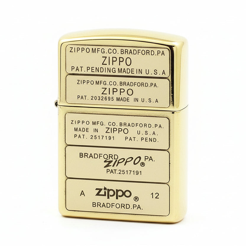 Zippo High Polish Brass Multi Panel Logo and Patent Stamps - SC01
