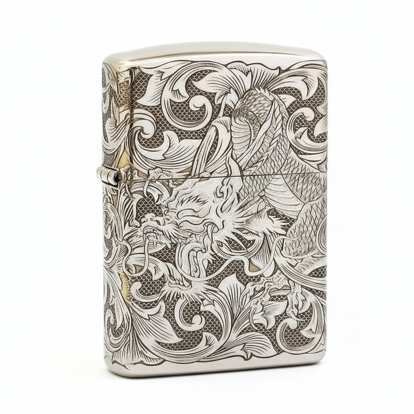 Zippo High Polish Chrome Deep Carved Dragon and Full Arabesque - SC26