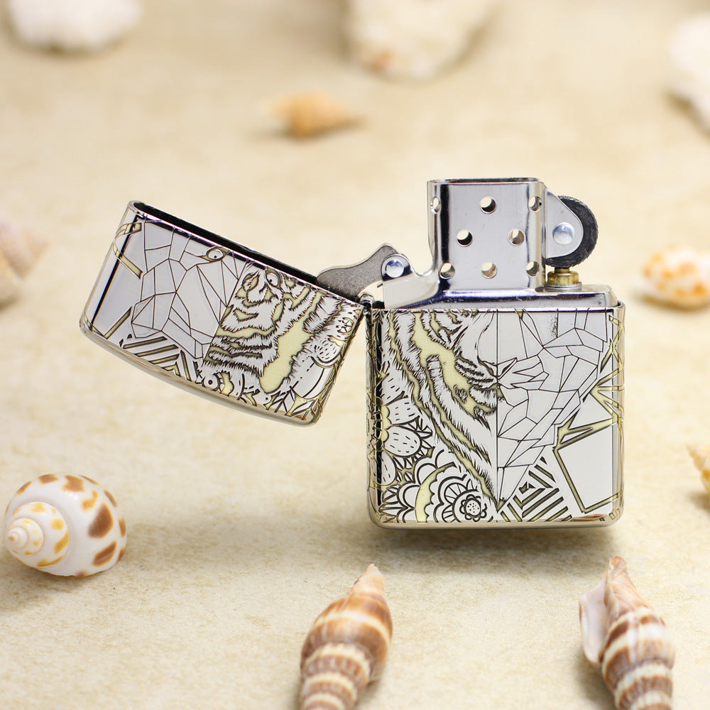 Zippo High Polish Chrome Deep Carved Geometric Split Face Tiger - SC11