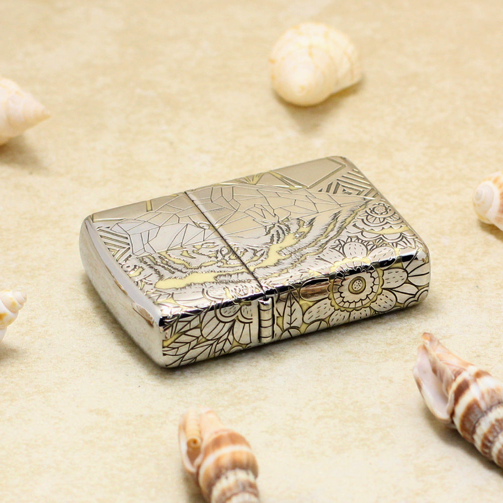 Zippo High Polish Chrome Deep Carved Geometric Split Face Tiger - SC11