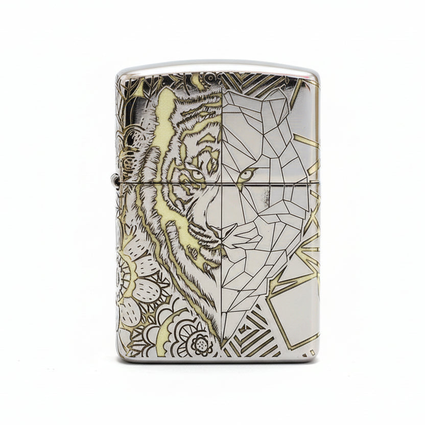Zippo High Polish Chrome Deep Carved Geometric Split Face Tiger - SC11
