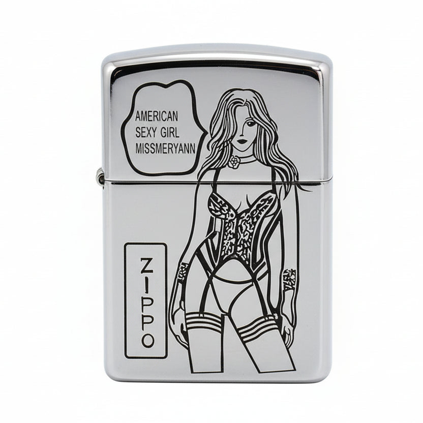 Zippo High Polish Chrome Engraved American Sexy Girl Pin-Up - SC22
