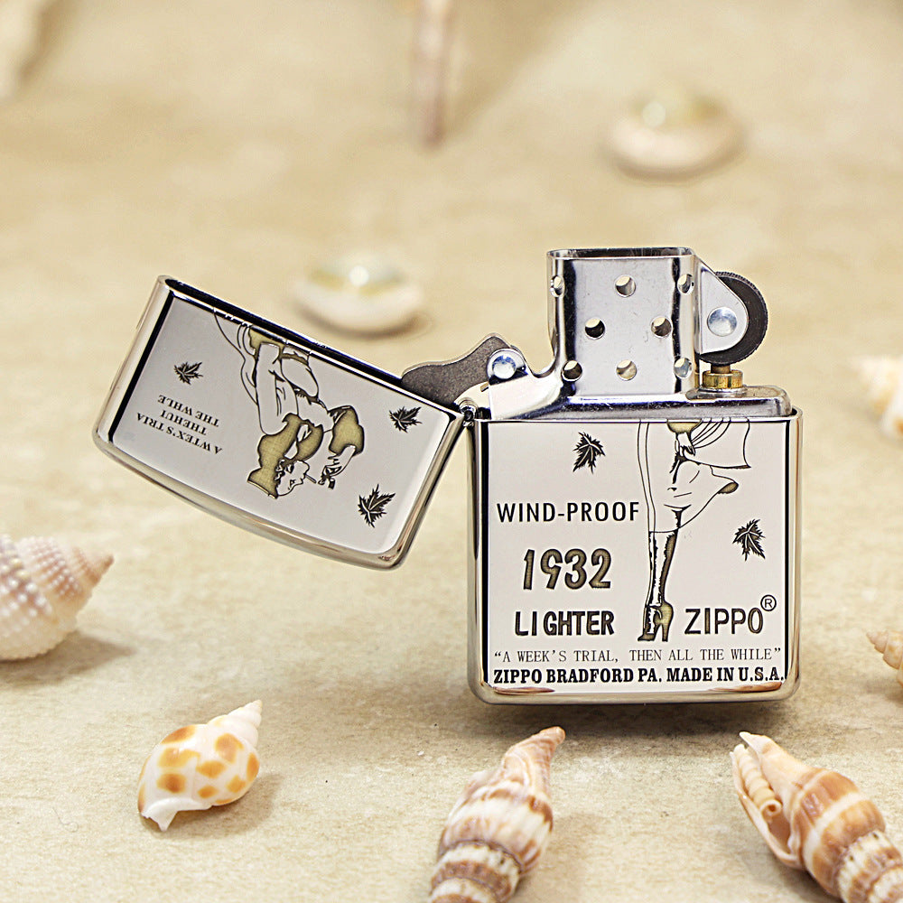 Zippo High Polish Chrome Engraved Pin-Up Girl with Falling Leaves - SC04