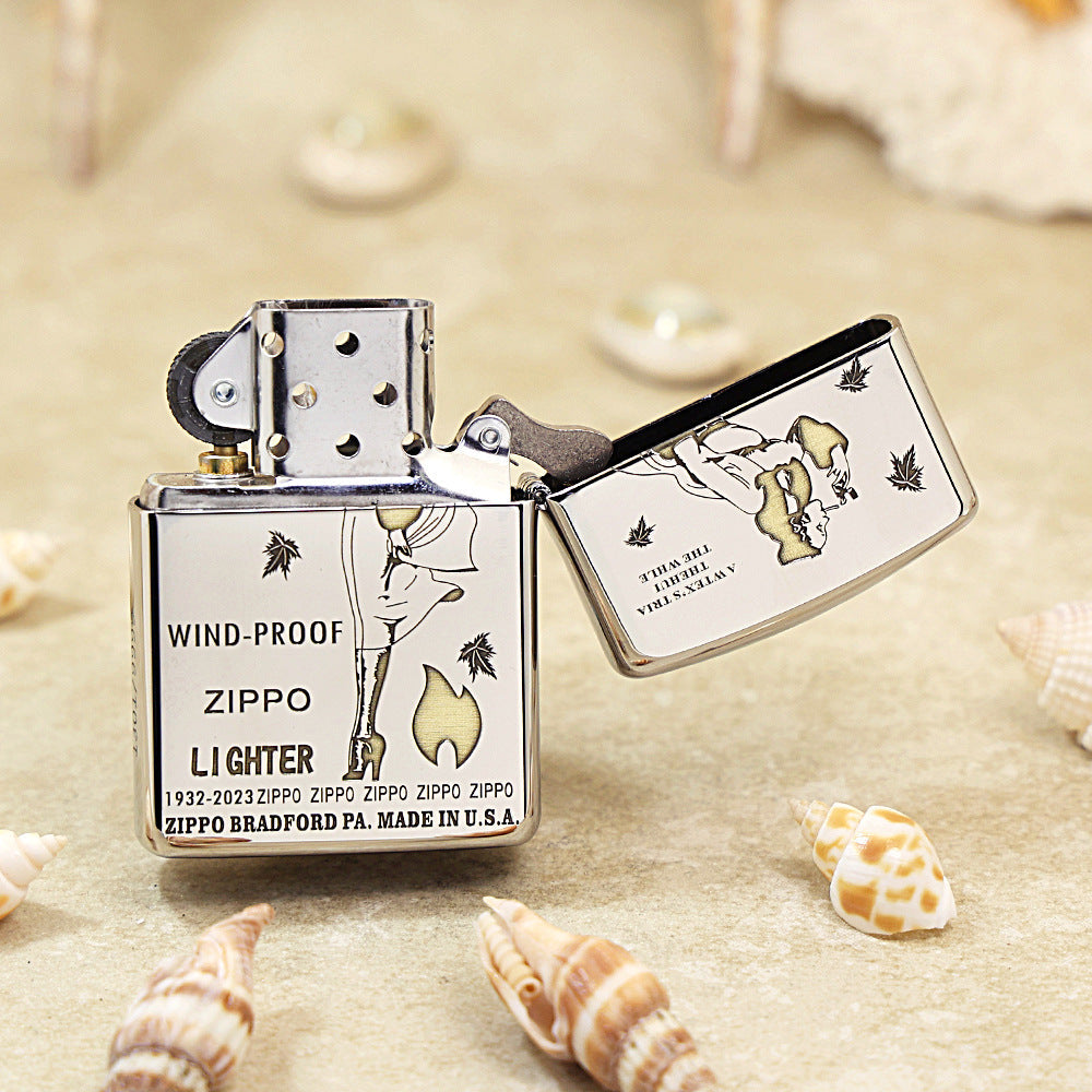 Zippo High Polish Chrome Engraved Pin-Up Girl with Falling Leaves - SC04