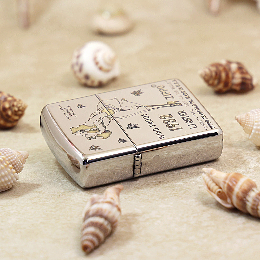 Zippo High Polish Chrome Engraved Pin-Up Girl with Falling Leaves - SC04