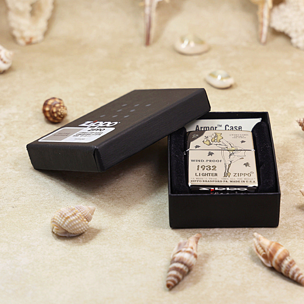 Zippo High Polish Chrome Engraved Pin-Up Girl with Falling Leaves - SC04