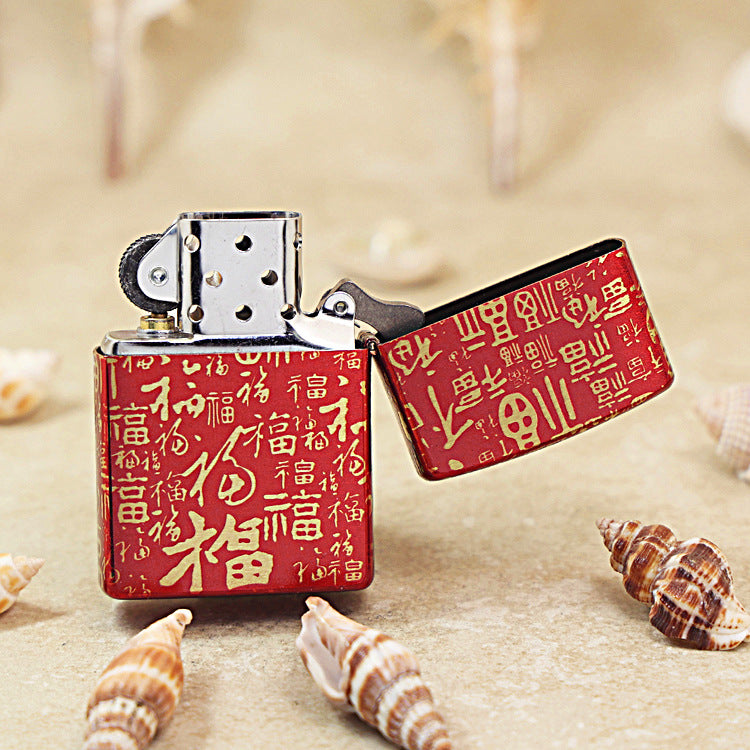 Zippo Red High Polish Gold Engraved Hundred Fu Characters - CS27