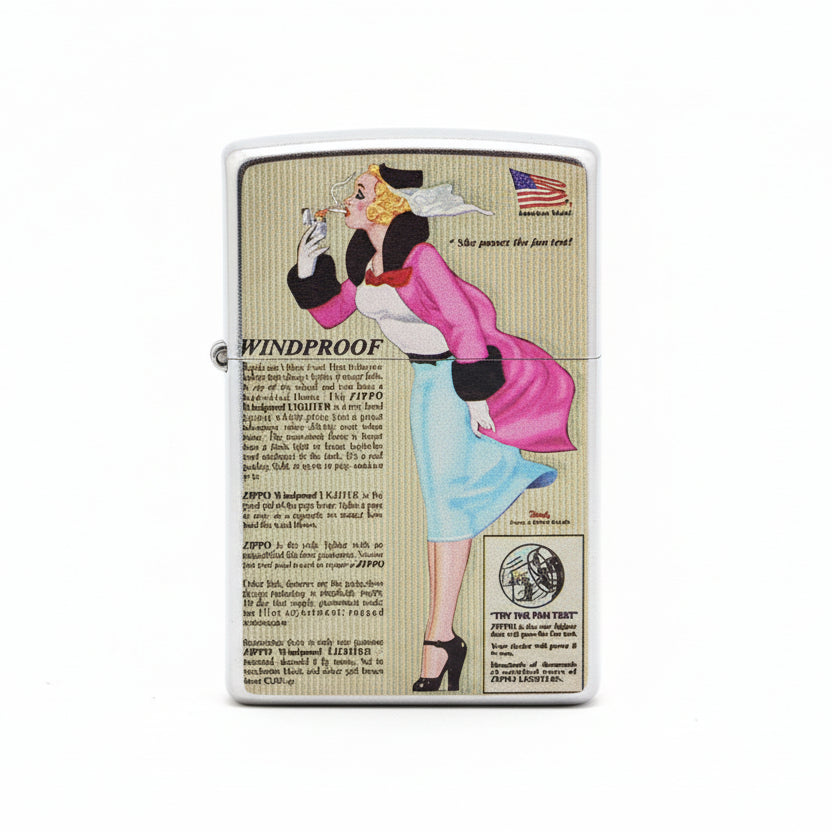 Zippo Silver Brushed Color Printed Pin-Up Girl in the Wind - CS29