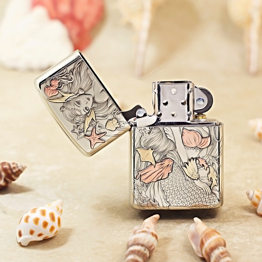 Zippo Silver Deep Carved Mermaid and Ocean Fantasy - CM09