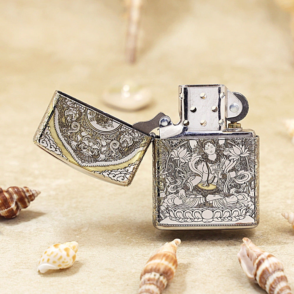 Zippo Silver Deep Carved White Tara Bodhisattva on Lotus - SC28