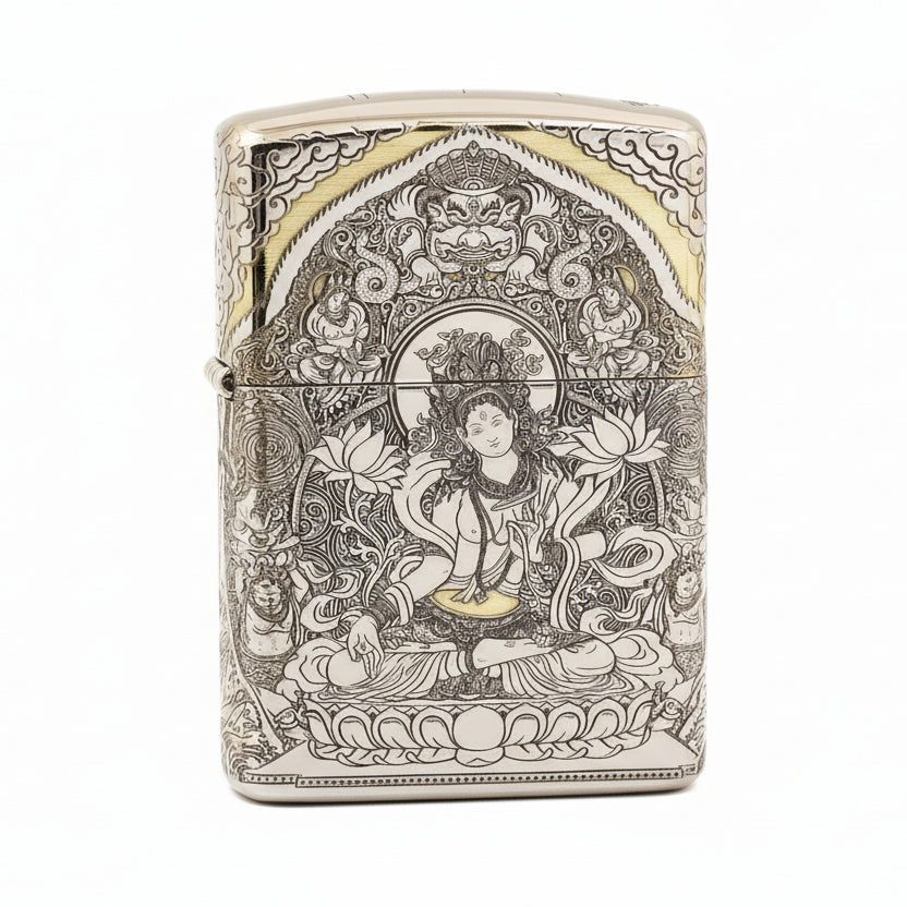 Zippo Silver Deep Carved White Tara Bodhisattva on Lotus - SC28