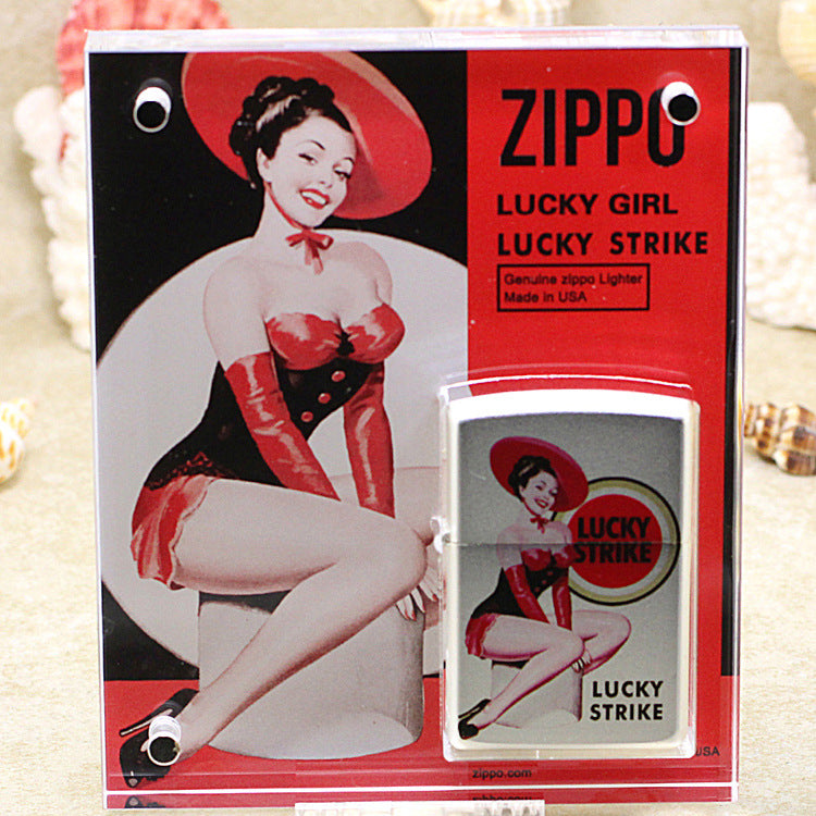 Zippo Silver Matte Color Printed Lucky Strike Black and Red Pin-Up - CS30
