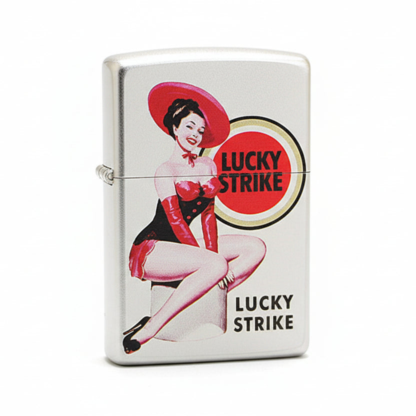 Zippo Silver Matte Color Printed Lucky Strike Black and Red Pin-Up - CS30