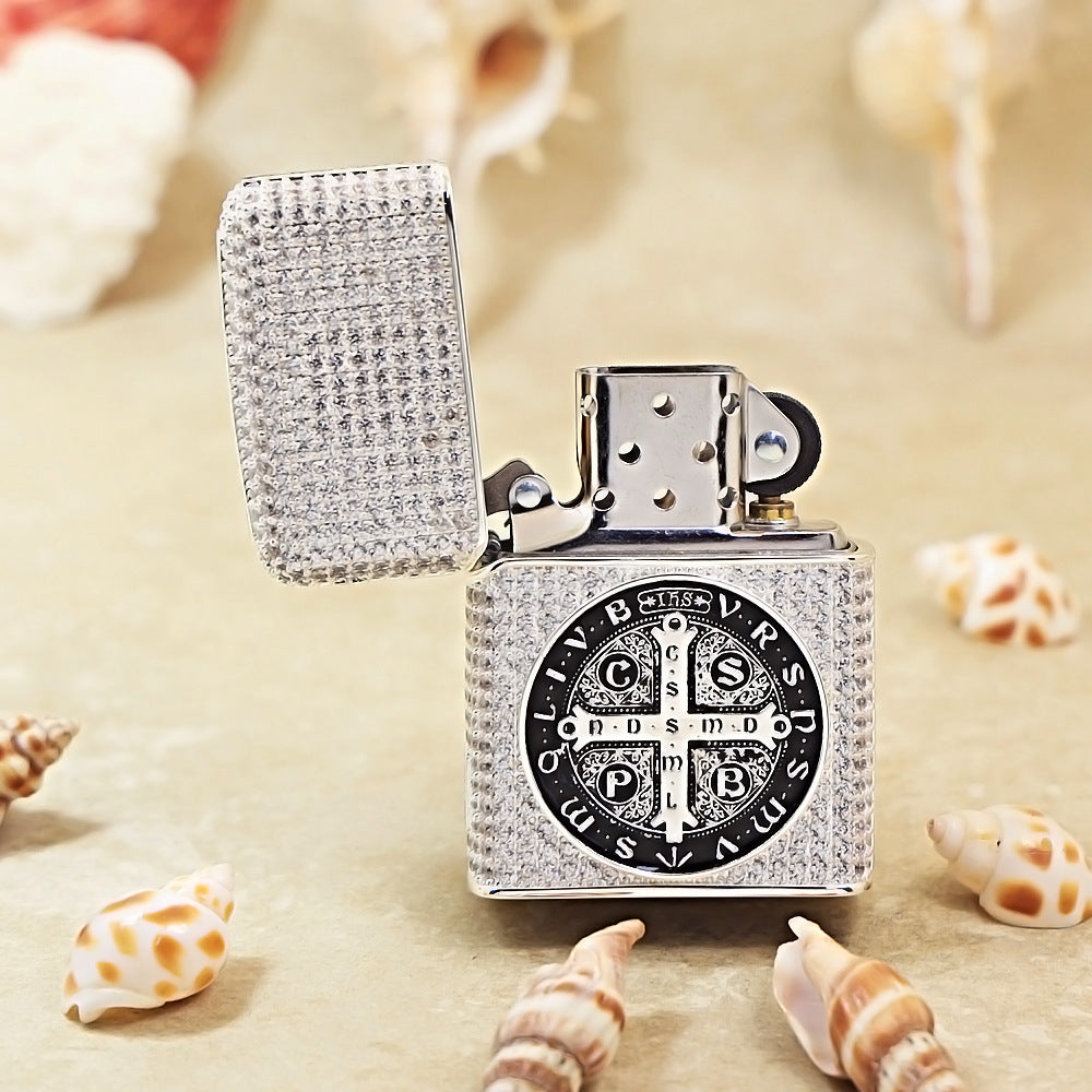 Zippo Silver-Toned Heavy Studded St. Benedict's Cross Emblem - CM08