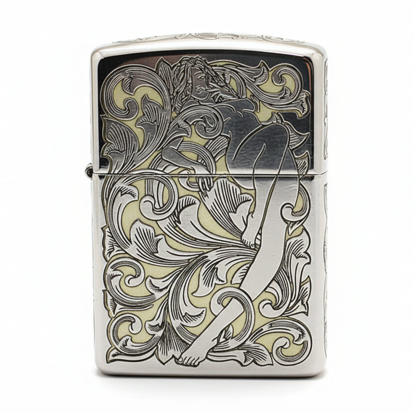 Zippo Silver and Gold Deep Carved Arabesque Nude Pin-Up - SC16