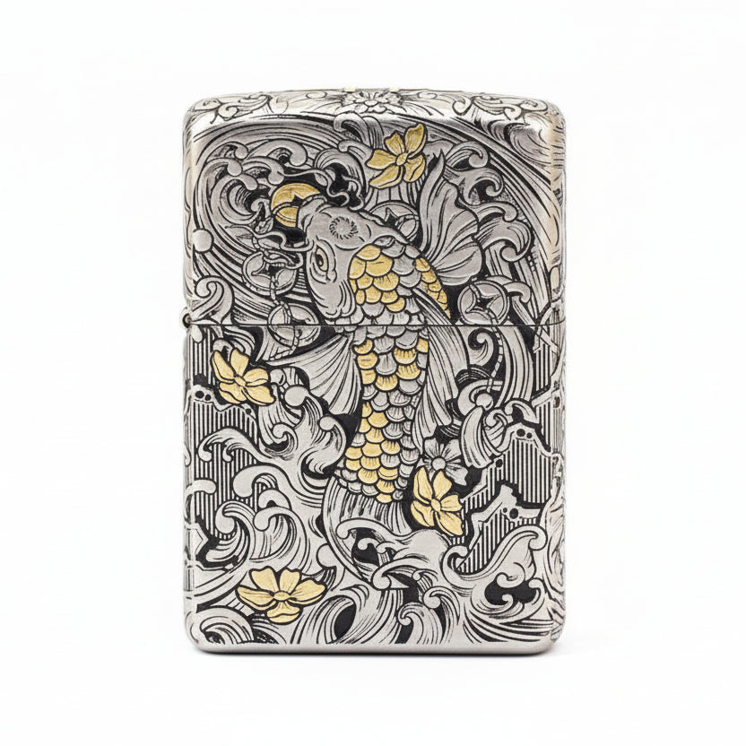 Zippo Silver and Gold Deep Carved Koi Fish in Waves - CM04