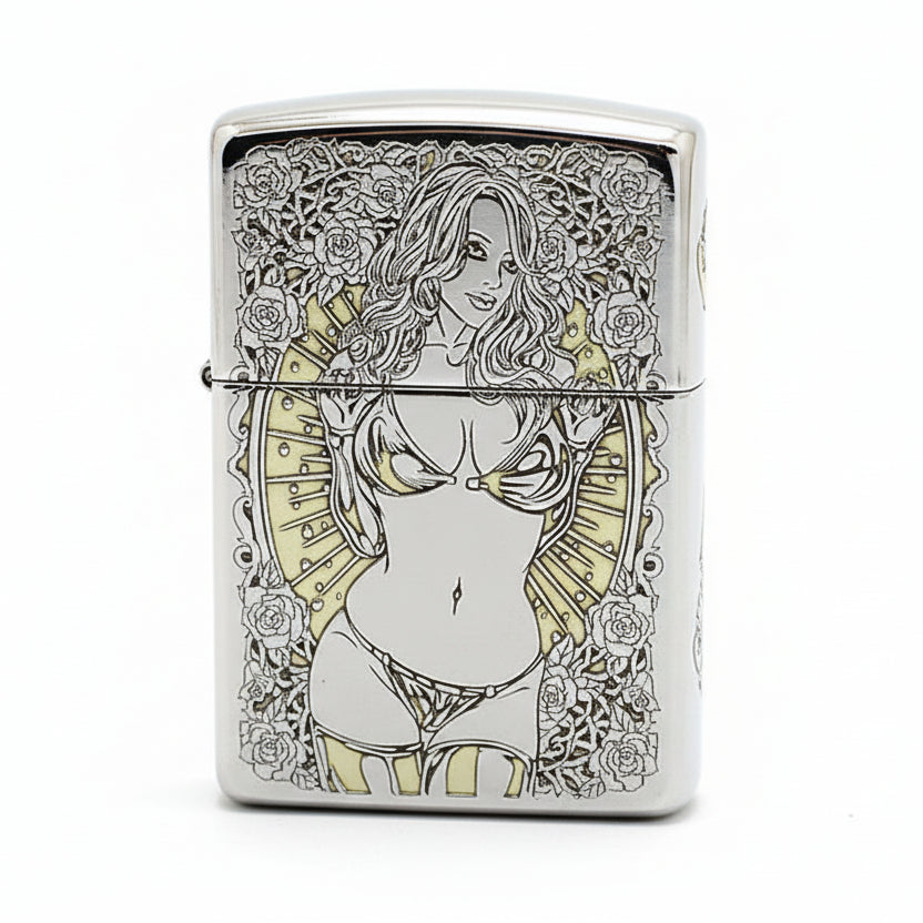 Zippo Silver and Gold Deep Carved Rose Frame Pin-Up Girl - SC24