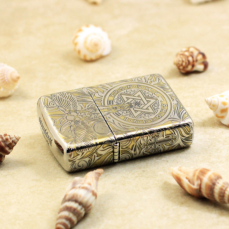 Zippo Silver and Gold Deep Carved Winged Figure and Sacred Geometry - SC32