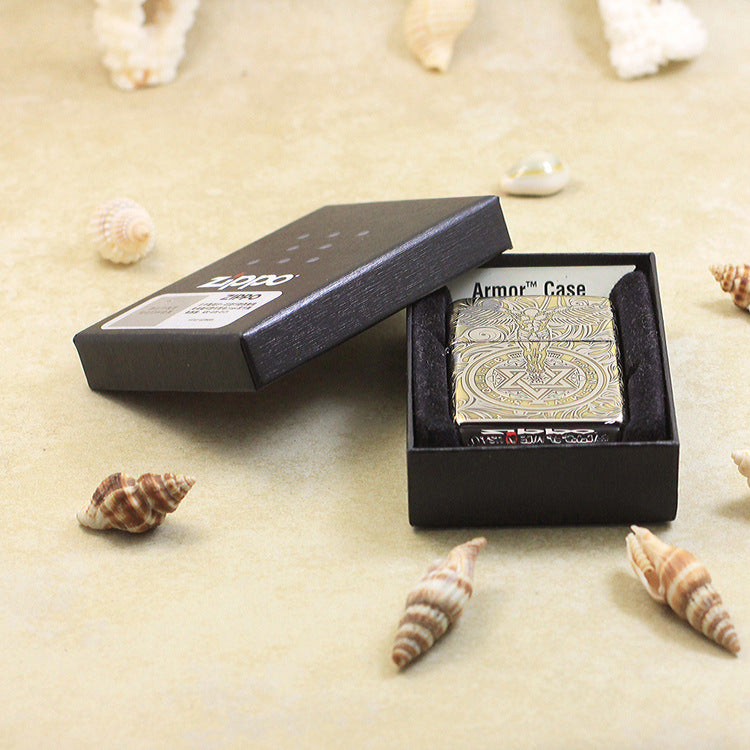 Zippo Silver and Gold Deep Carved Winged Figure and Sacred Geometry - SC32