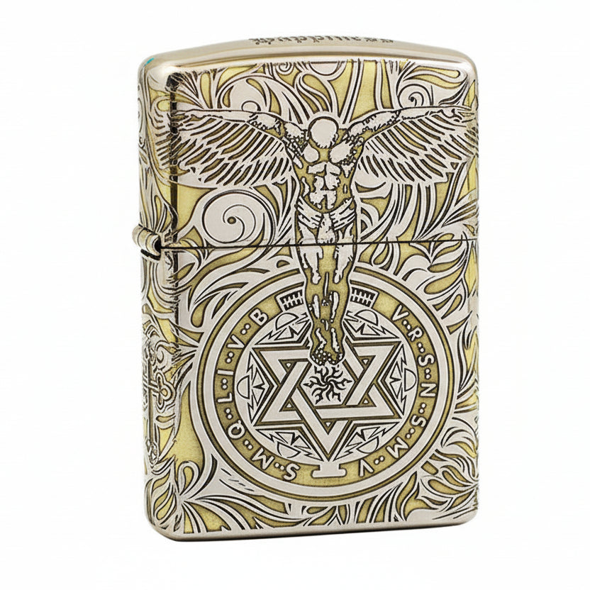 Zippo Silver and Gold Deep Carved Winged Figure and Sacred Geometry - SC32