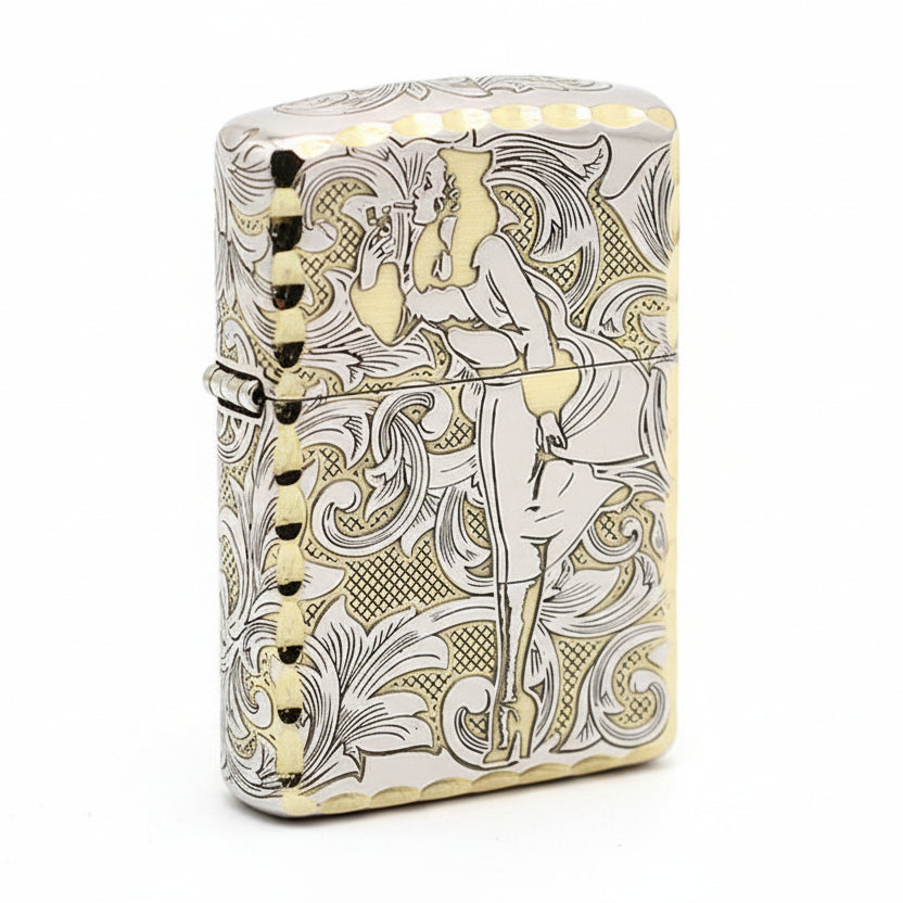 Zippo Two Tone Deep Carved Arabesque Pin-Up Girl in the Wind - SC07