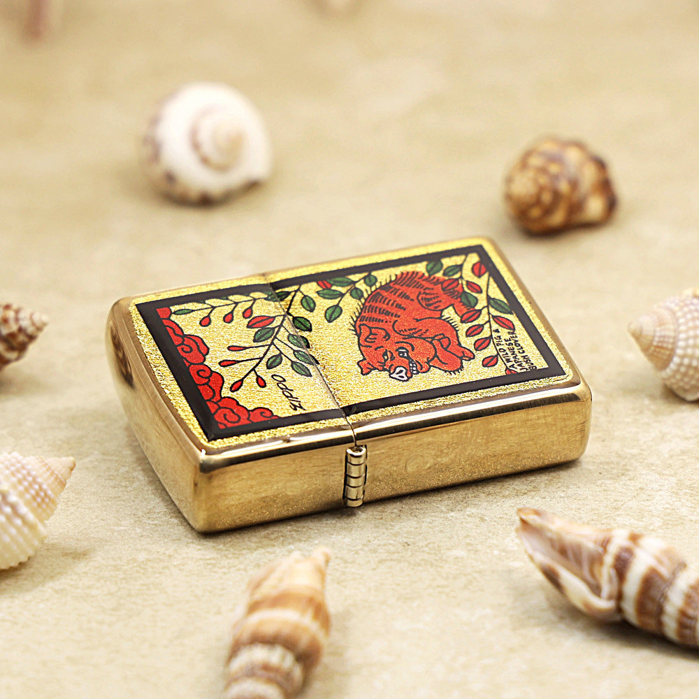 Zippo Wild Boar & Bush Clover Gold Plate - Animal Series - JP58