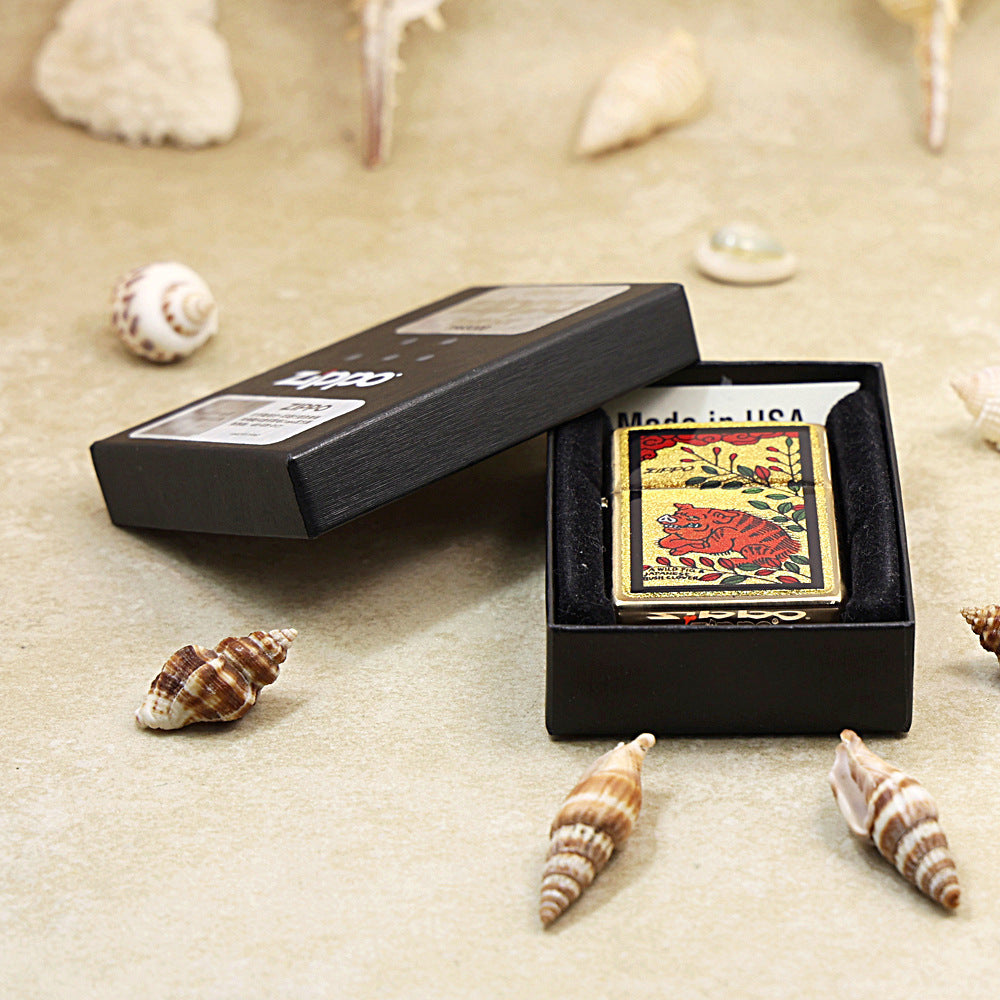 Zippo Wild Boar & Bush Clover Gold Plate - Animal Series - JP58