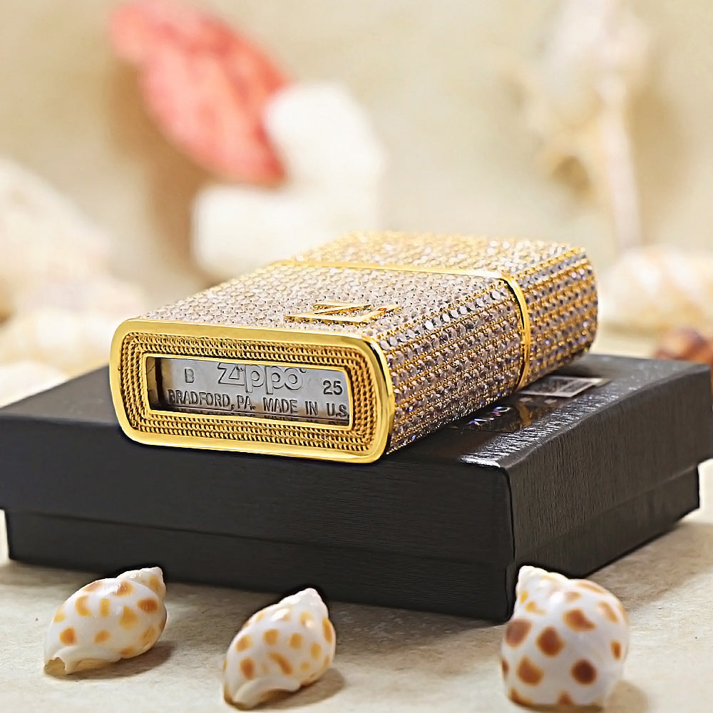 Zippo Gold Full Crystal Pavé "Zi" Emblem Shell Lighter- CM103