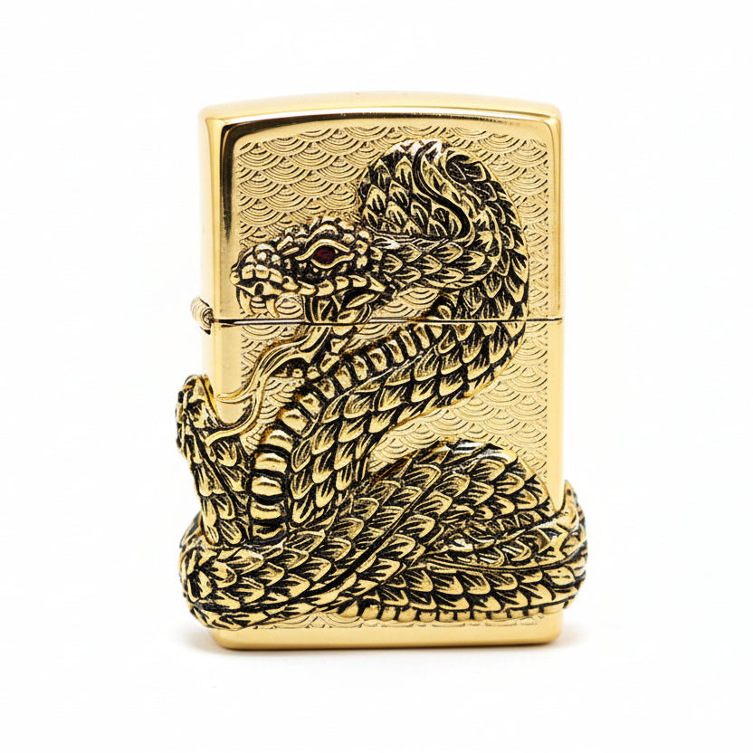 Zippo Gold Polished Heavy Relief Snake God Emblem - KR19