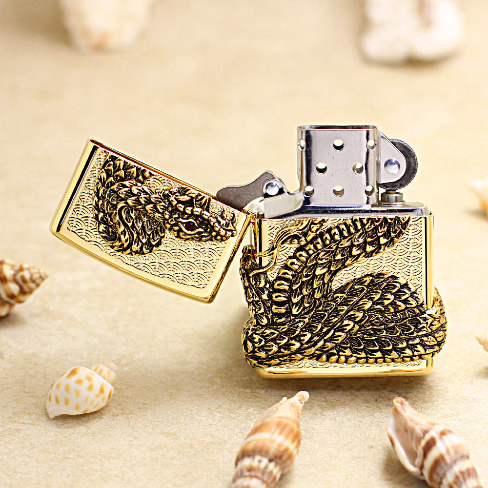Zippo Gold Polished Heavy Relief Snake God Emblem - KR19