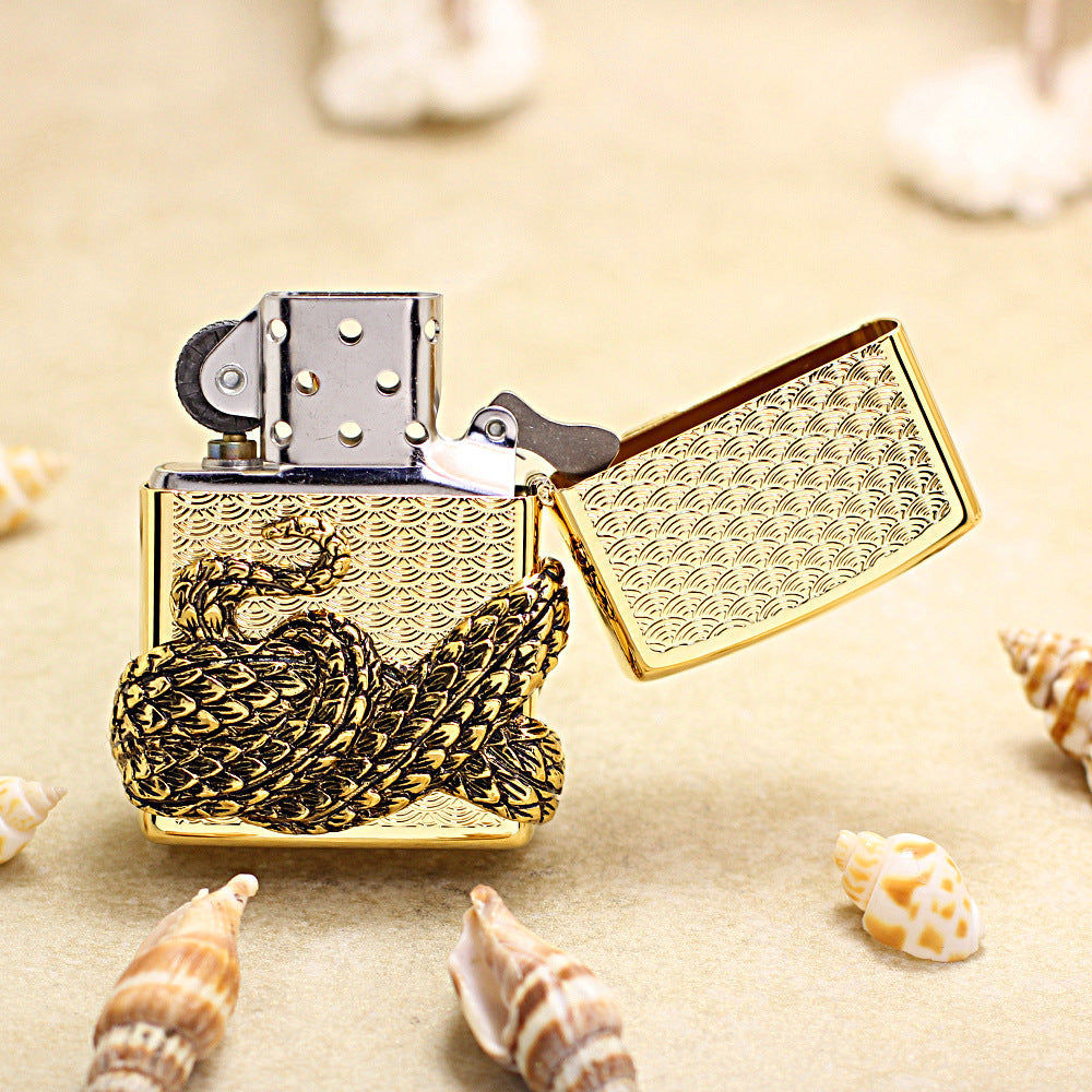 Zippo Gold Polished Heavy Relief Snake God Emblem - KR19