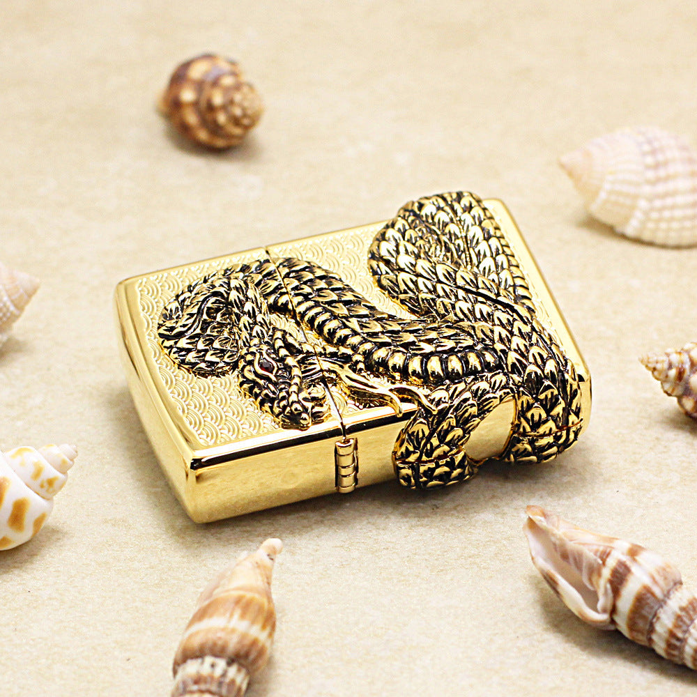 Zippo Gold Polished Heavy Relief Snake God Emblem - KR19